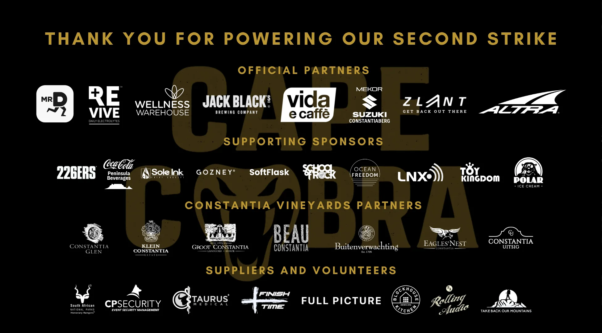 Strike II partners: official partners, supporting sponsors, Constantia vineyard partners, suppliers and volunteers